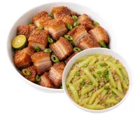 CRISPY PORK  – GINISANG SAYOTE , PLAIN RICE