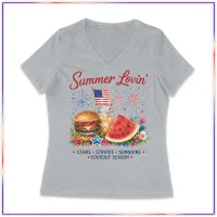 Summer Lovin' Women's Patriotic LVL45V V-Neck T-Shirt – Grey, XS