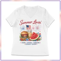 Summer Lovin' Women's Patriotic LVL45V V-Neck T-Shirt – White, L
