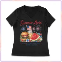Summer Lovin' Women's Patriotic LVL45V V-Neck T-Shirt – Black, 2XL
