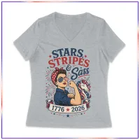Stars Sass - LVL45V Volunteer Knitwear™ Women’s Daily V-Neck Tee – Grey, XL