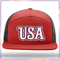 USA Embroidered Richardson 168 Seven Panel Trucker Hat – Red/Black
