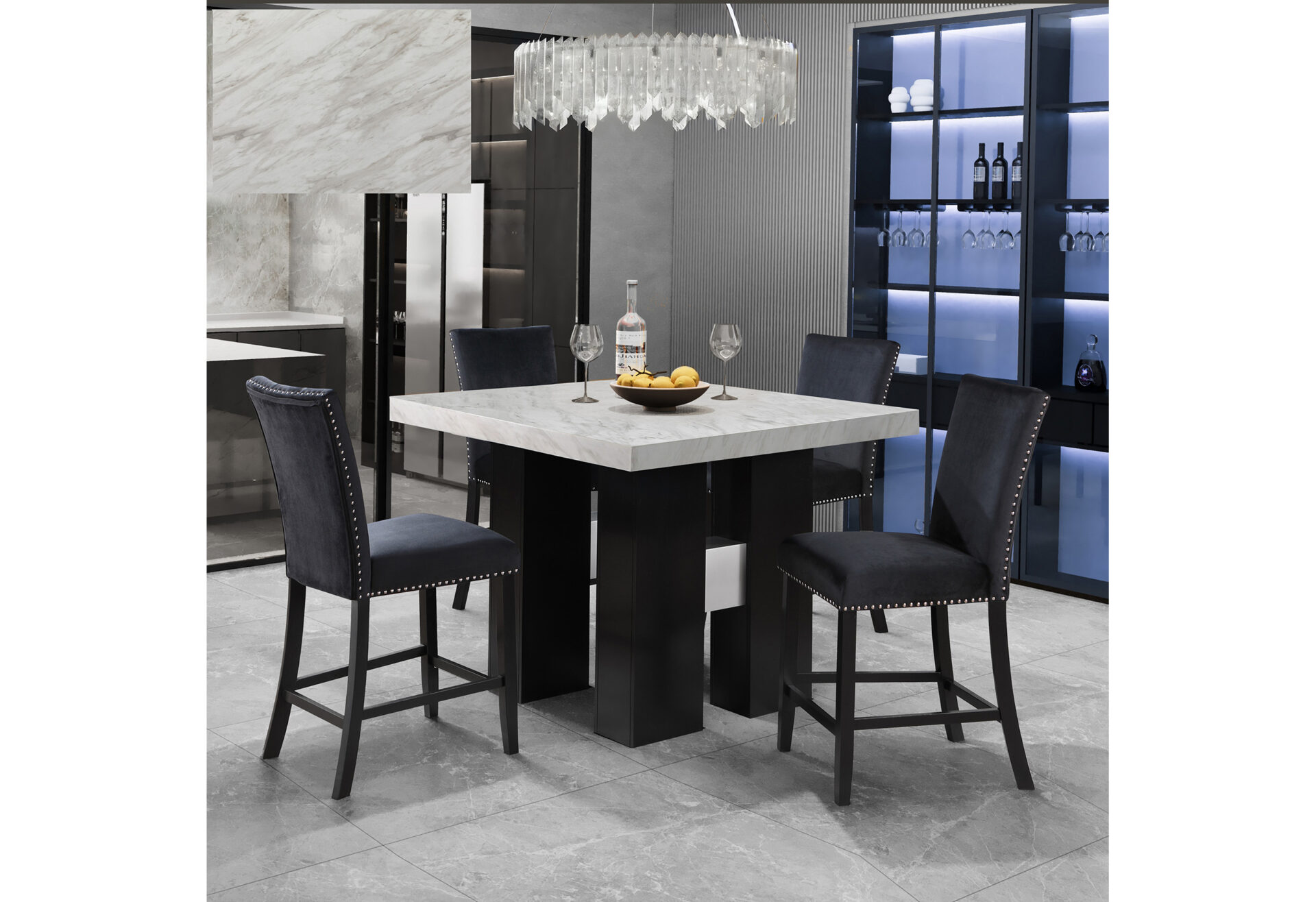D04 WHITE BAR TABLE AND 6 D04 BLACK BAR STOOL – Image 1
