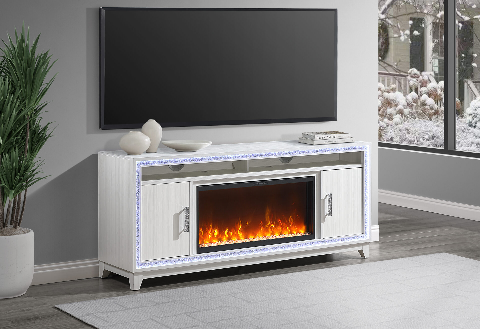 LILY WHITE ENTERTAINMENT UNIT 72 W/ LED, SPEAKERS, CRYSTAL INSERTS – Image 1