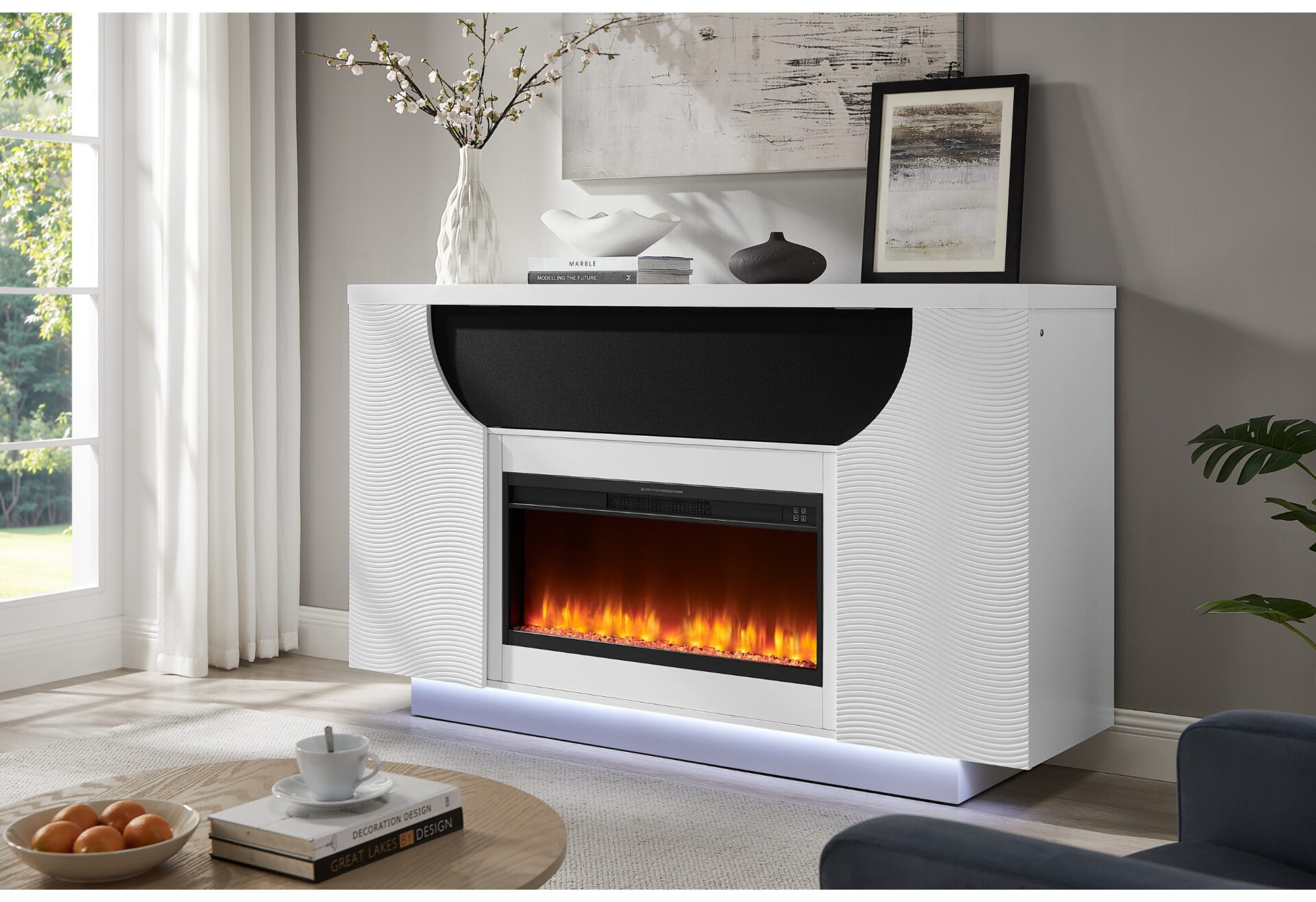 AVEENA WHITE 76" ENT UNIT WITH TV, LED, SPEAKERS, CRYSTAL AND POP-UP – Image 2