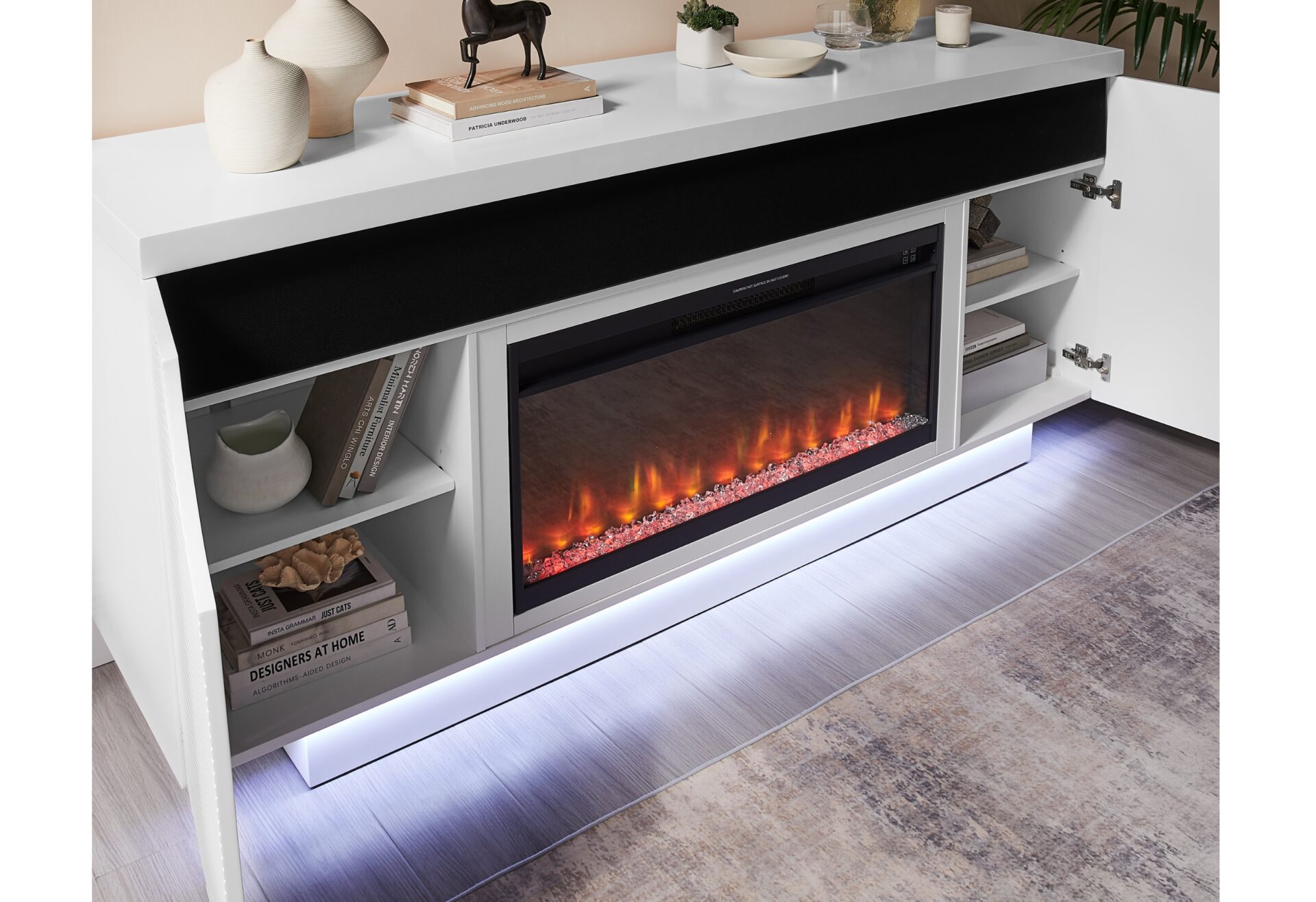 AILEEN WHITE 76" ENT UNIT W/LED, SPEAKERS, CRYSTAL AND POP-UP DOORS – Image 2