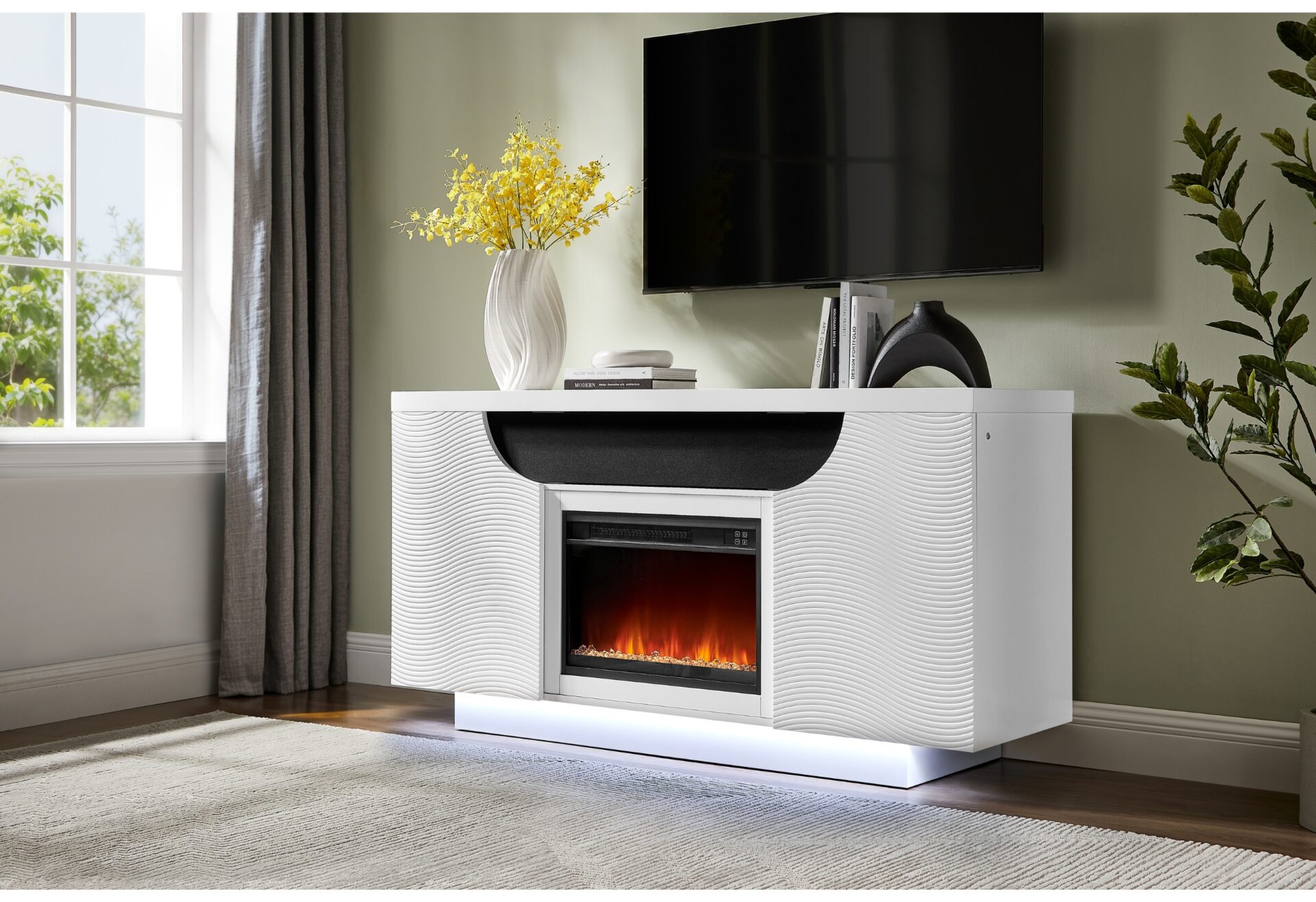AILEEN WHITE 66" ENT UNIT W/LED, SPEAKERS, CRYSTAL AND POP-UP DOORS – Image 1