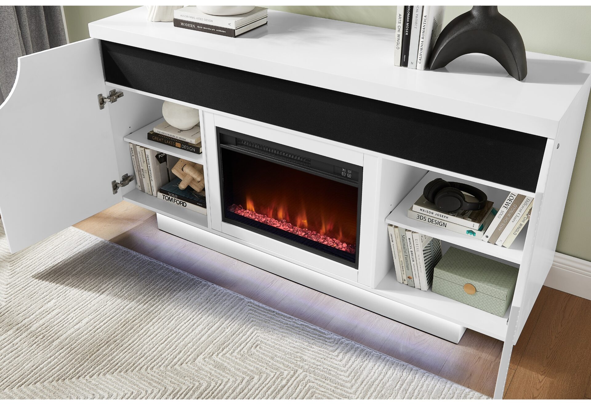 AILEEN WHITE 66" ENT UNIT W/LED, SPEAKERS, CRYSTAL AND POP-UP DOORS – Image 2