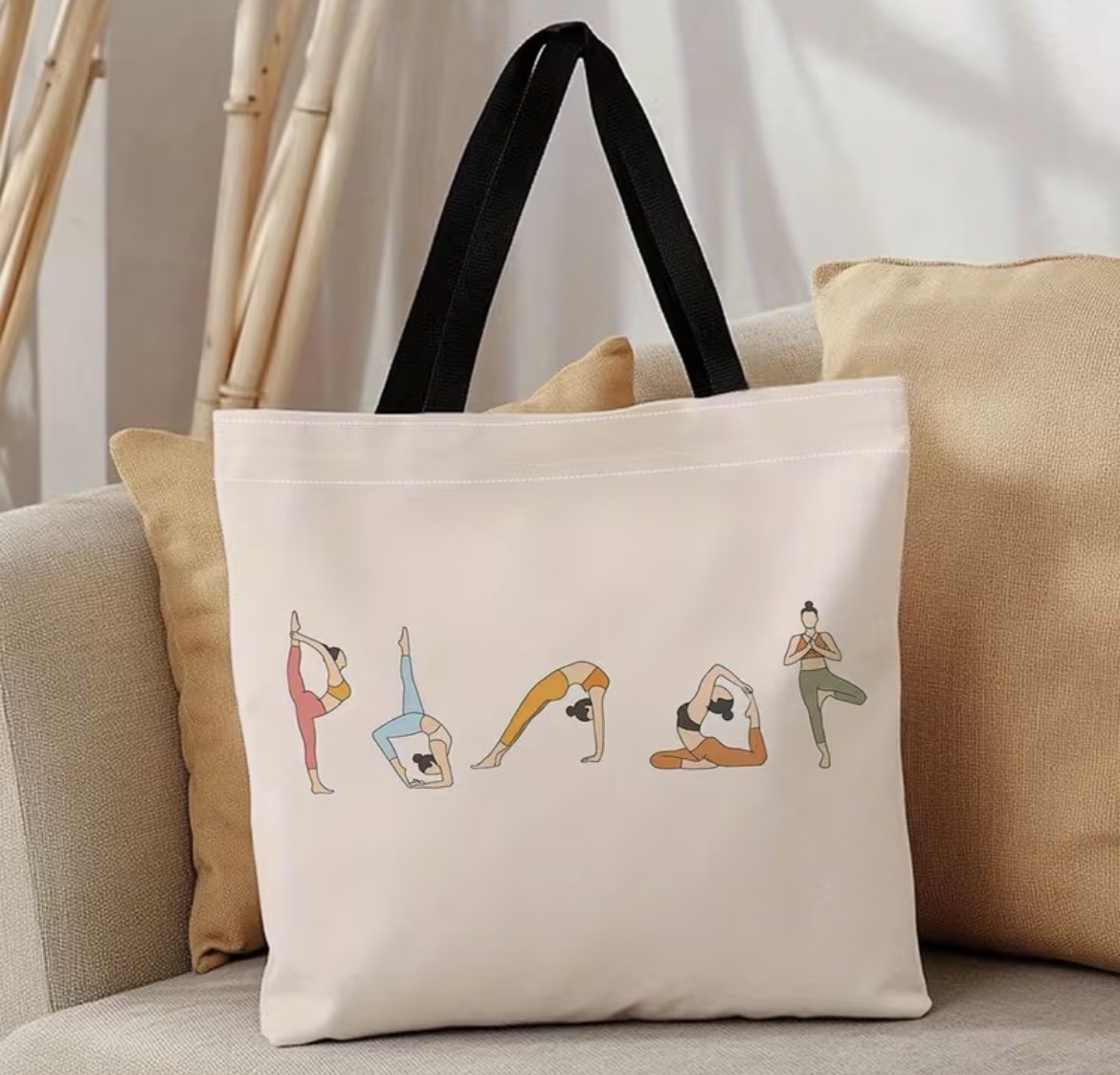 Canvas Yoga Tote Bag (Beige) – Image 1