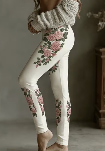 Retro Rose Patterned Pattern Leggings for Ladies  – Image 3