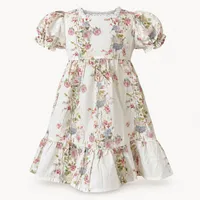 Cream Floral Vine Puff Sleeve Dress – Image 1