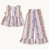 Boho Floral Stripe Peplum Top & Flared Pants Set – AU 5-6 (120)