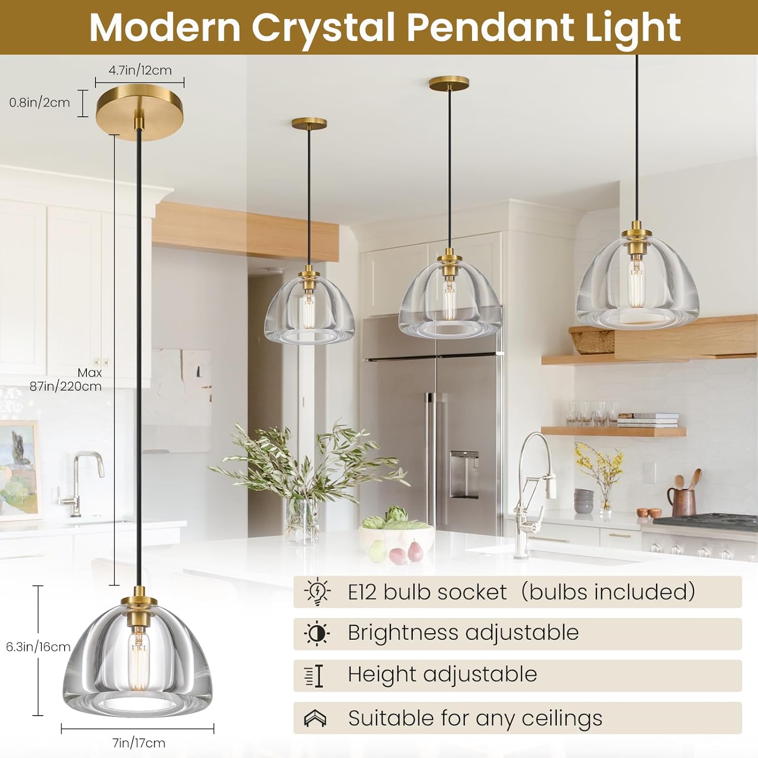 K9 Crystal Pendant Light - Brass Frame & Adjustable Height for DFW, North & East Texas – Image 4