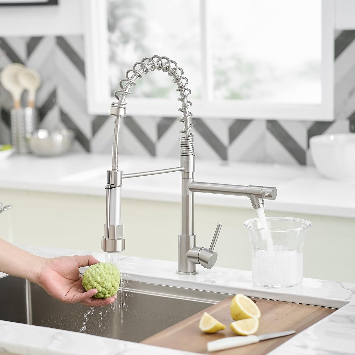 Dual-Spout Kitchen Faucet - Brushed Nickel with High-Pressure Sprayer for DFW, North & East Texas – Image 7