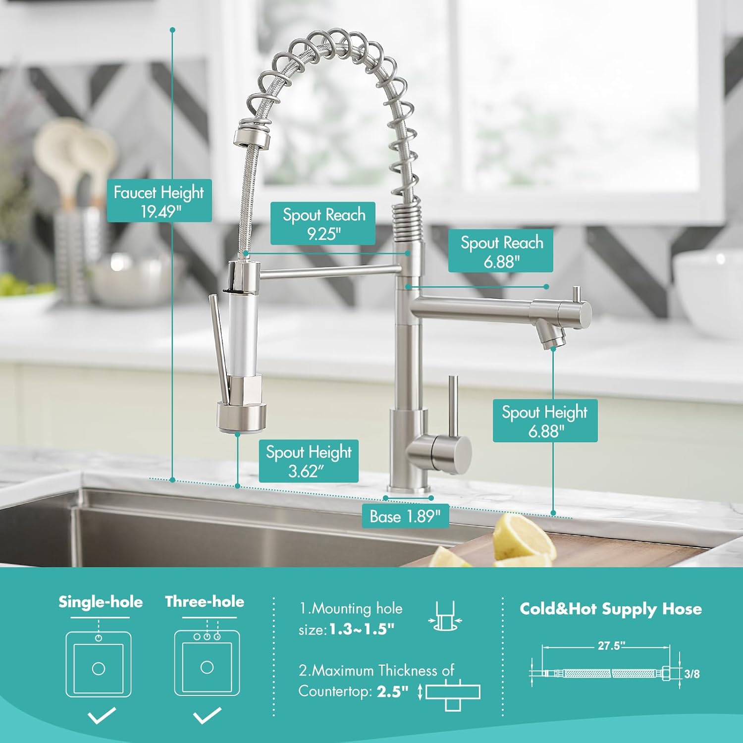 Dual-Spout Kitchen Faucet - Brushed Nickel with High-Pressure Sprayer for DFW, North & East Texas – Image 2