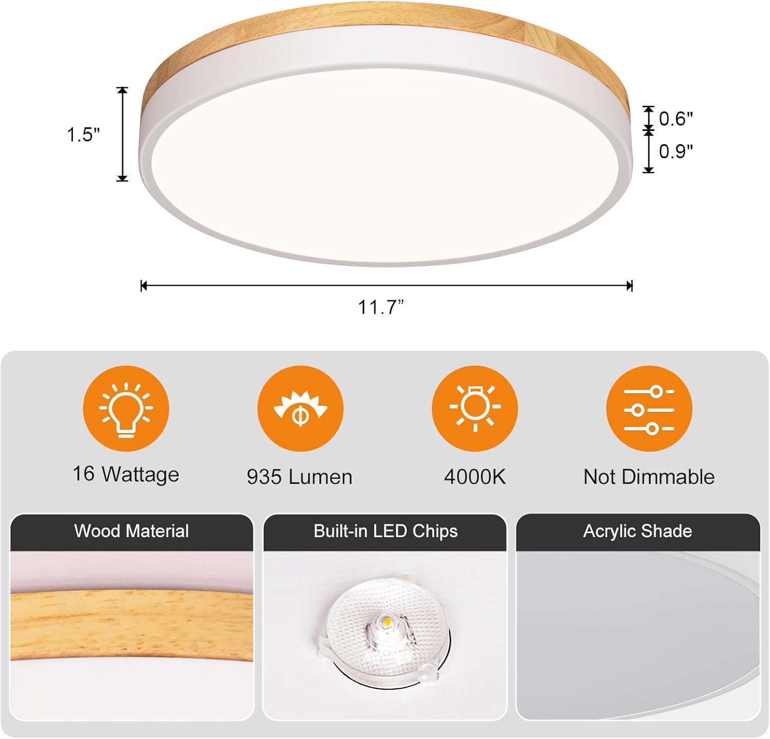 Minimalist Wood LED Ceiling Light - 4000K Flush Mount for DFW, North & East Texas – Image 8
