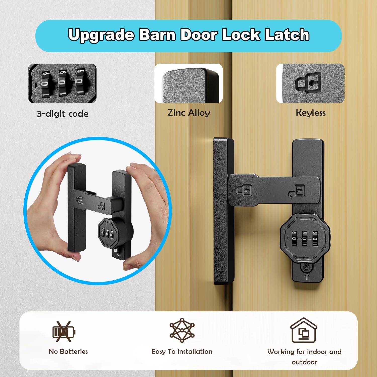 Barn Door Lock - Keyless Zinc Alloy Gate Latch with 3-Digit Password for DFW, North & East Texas – Image 2