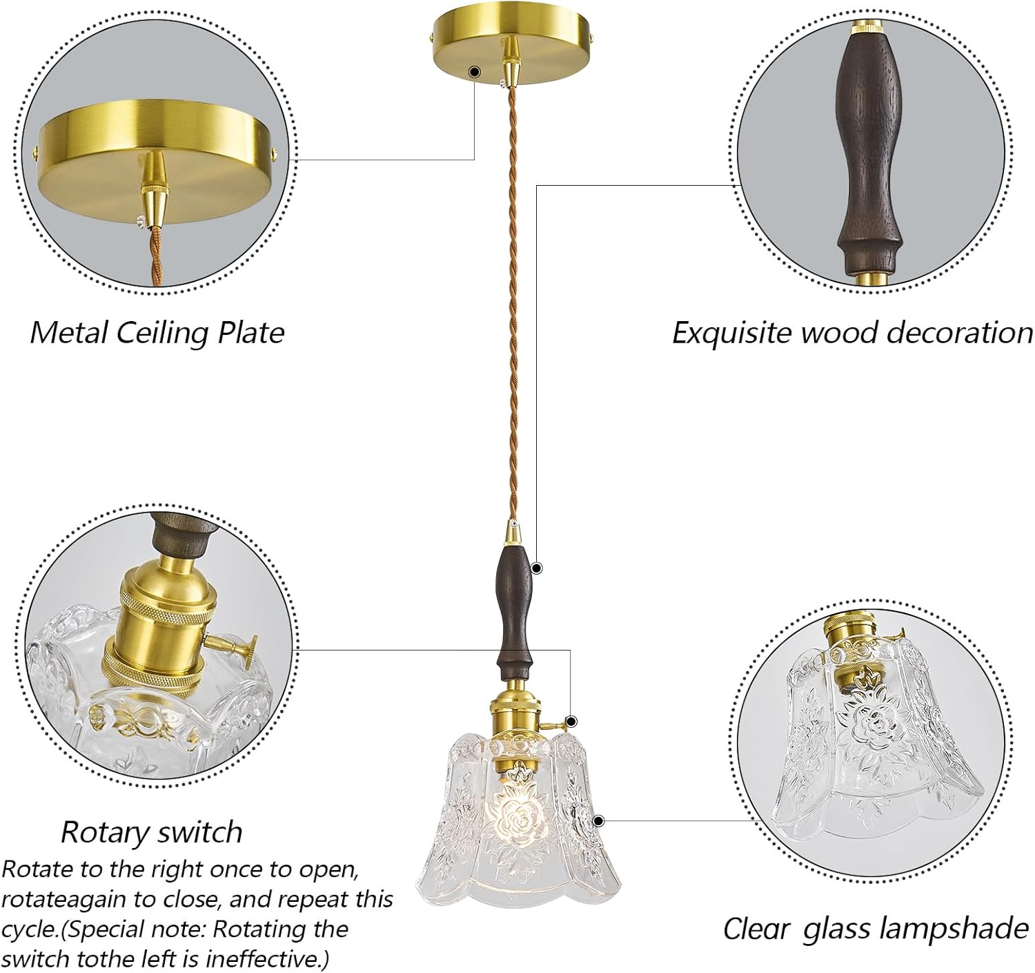 Retro Glass Pendant Light with Adjustable Height & Wooden Handle for DFW, North & East Texas – Image 3