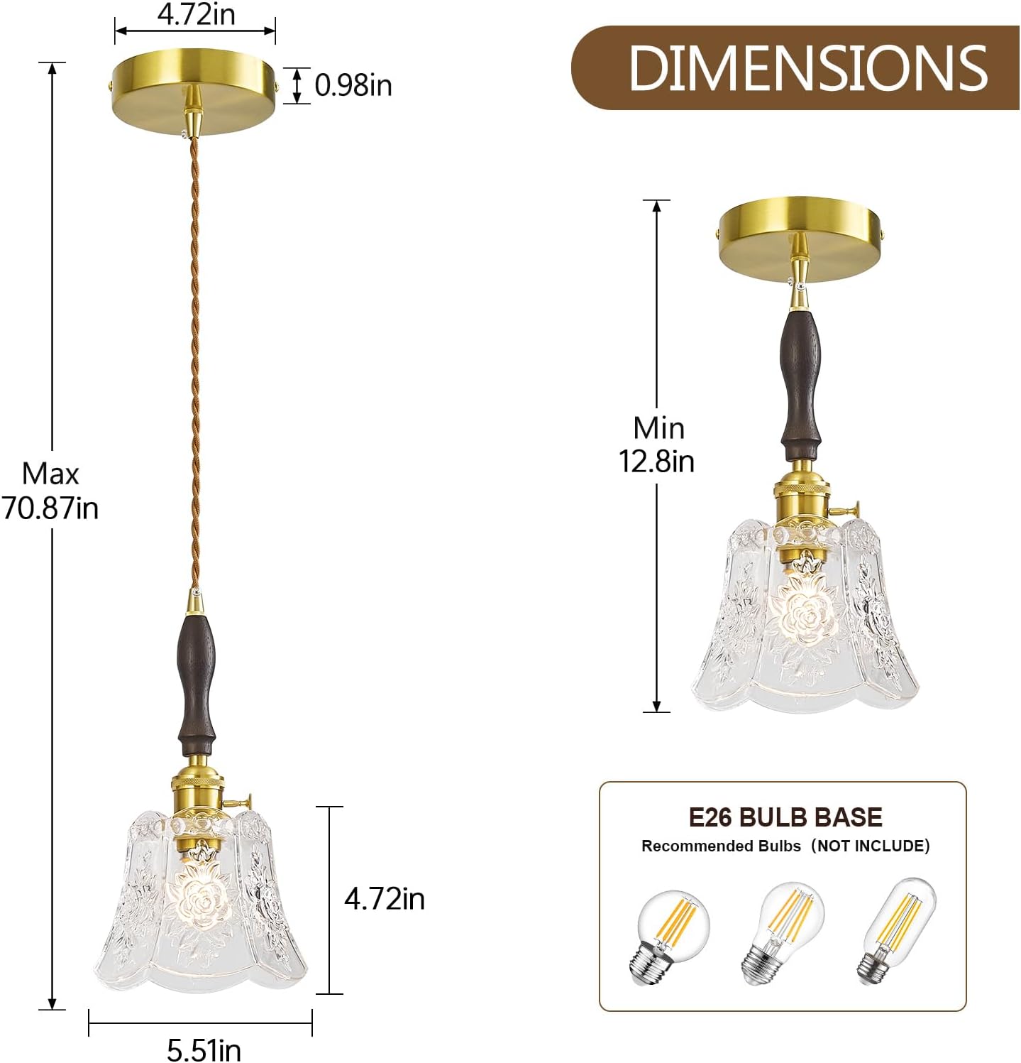 Retro Glass Pendant Light with Adjustable Height & Wooden Handle for DFW, North & East Texas – Image 4