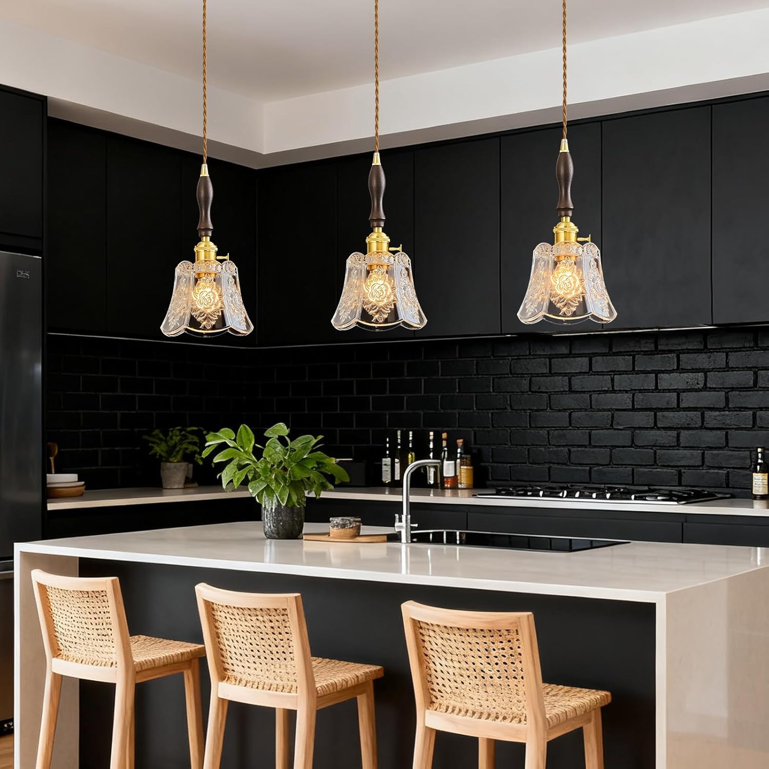 Retro Glass Pendant Light with Adjustable Height & Wooden Handle for DFW, North & East Texas – Image 2