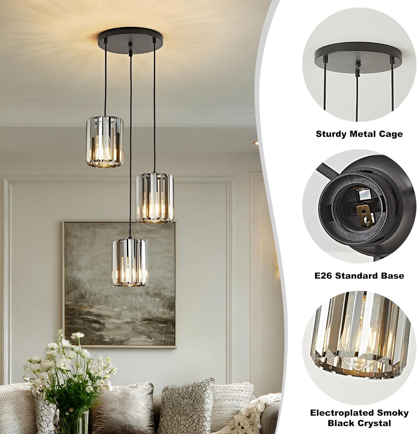 3-Light Modern Black Crystal Chandelier & Adjustable Pendant – Image 6