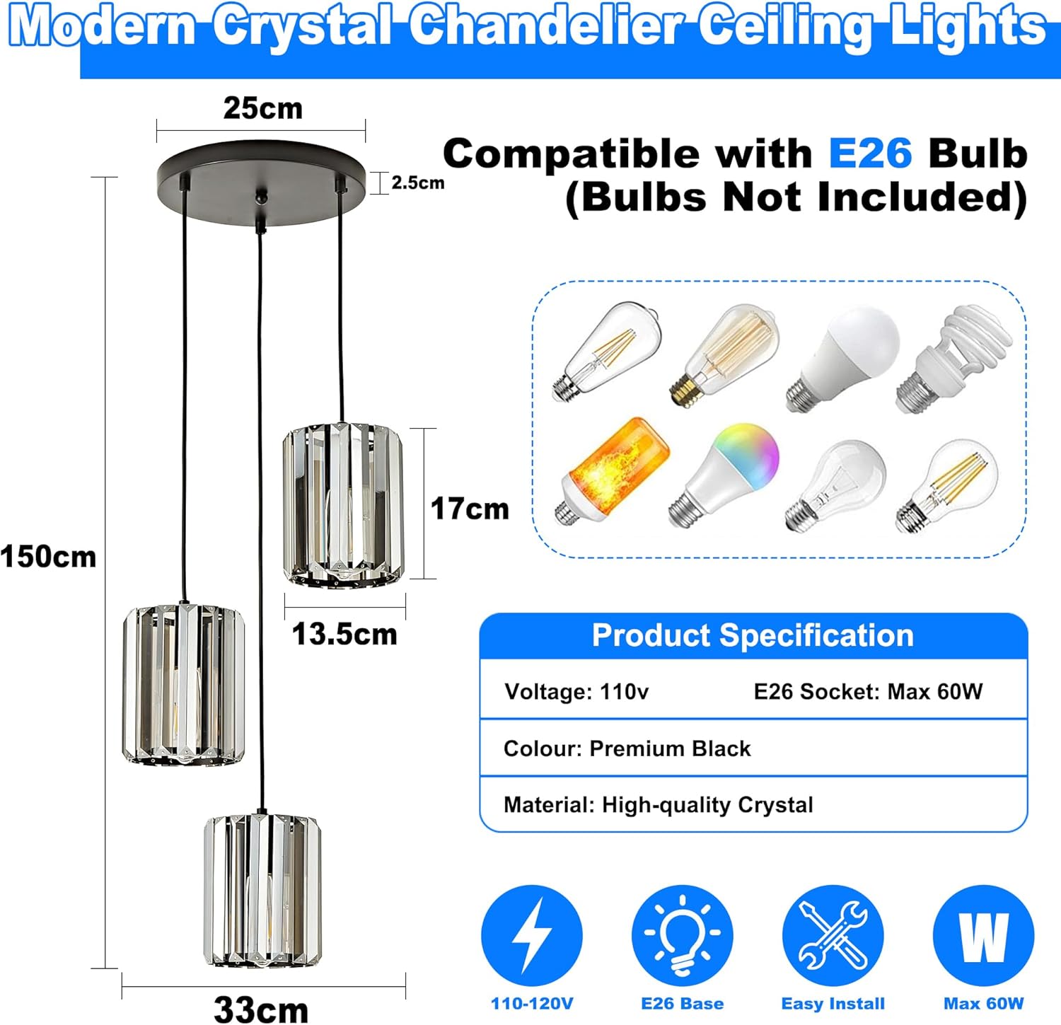 3-Light Modern Black Crystal Chandelier & Adjustable Pendant – Image 7