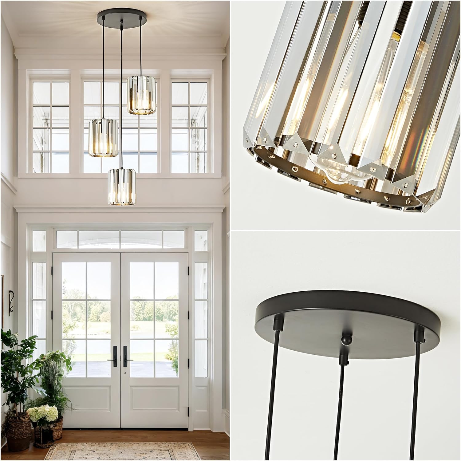 3-Light Modern Black Crystal Chandelier & Adjustable Pendant – Image 3