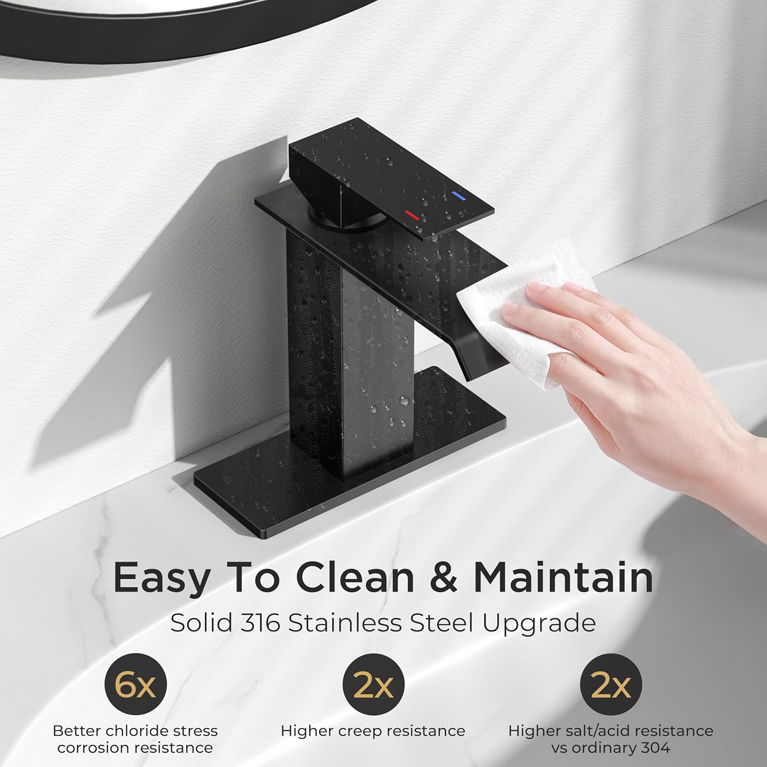 FORIOUS Modern Matte Black Waterfall Bathroom Faucet & Pop-Up Drain – Image 8