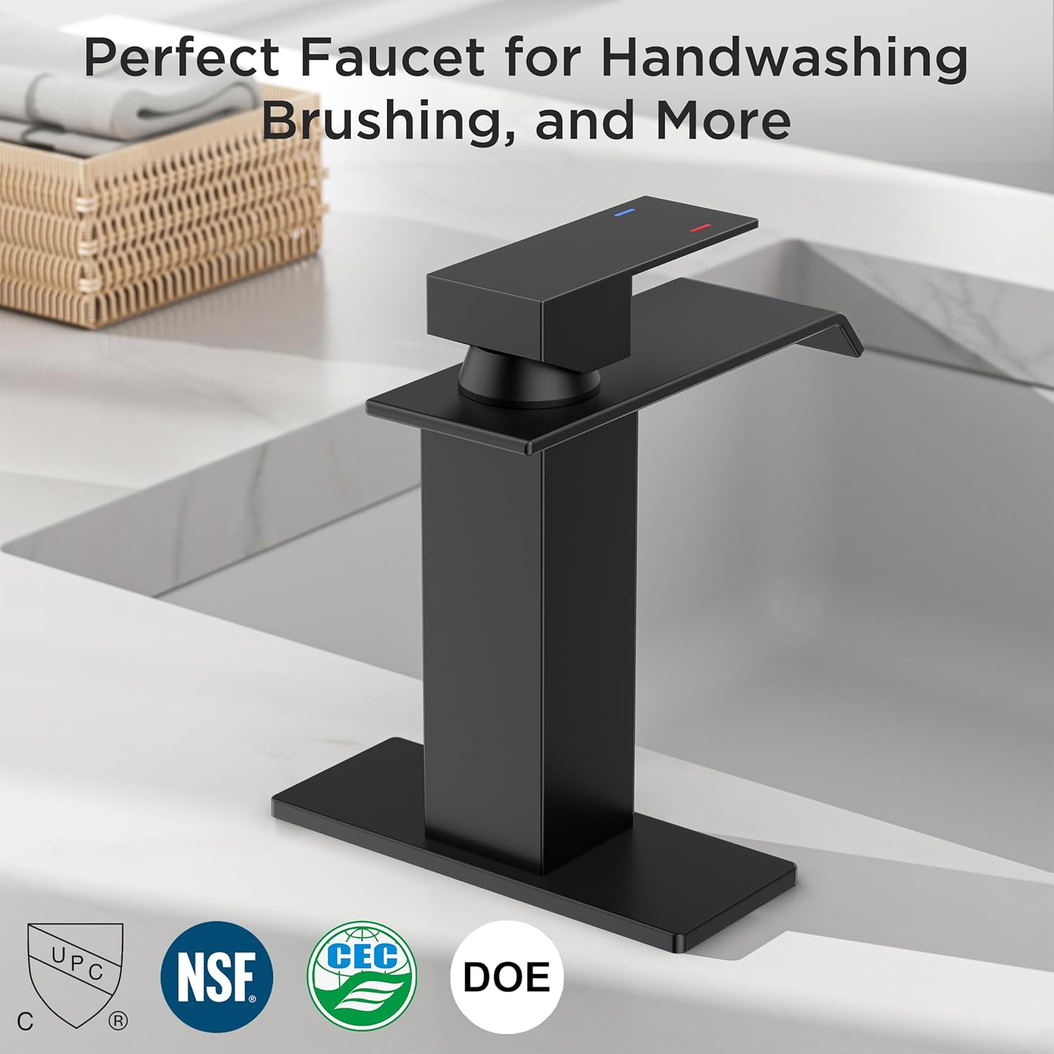 FORIOUS Modern Matte Black Waterfall Bathroom Faucet & Pop-Up Drain – Image 5
