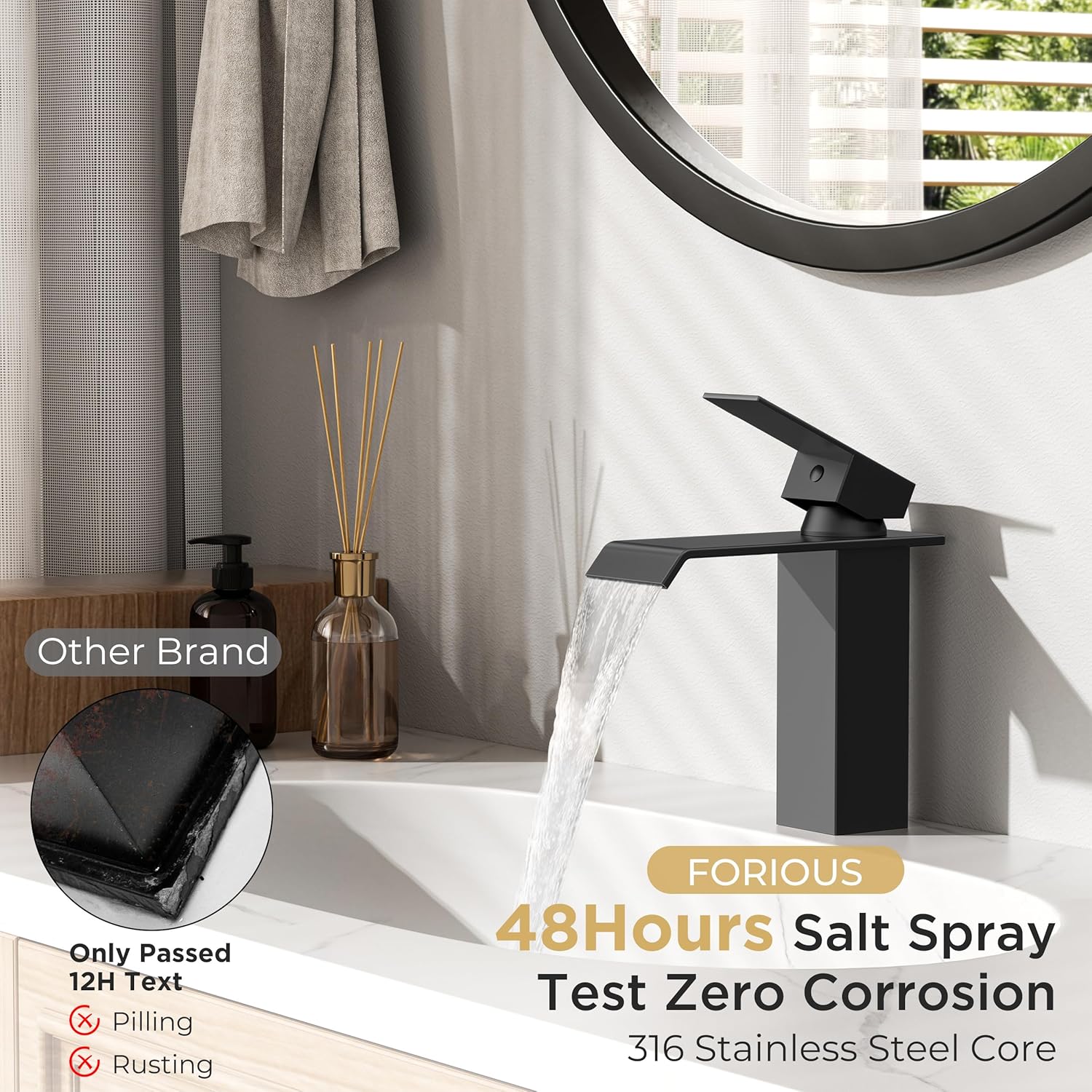 FORIOUS Modern Matte Black Waterfall Bathroom Faucet & Pop-Up Drain – Image 7