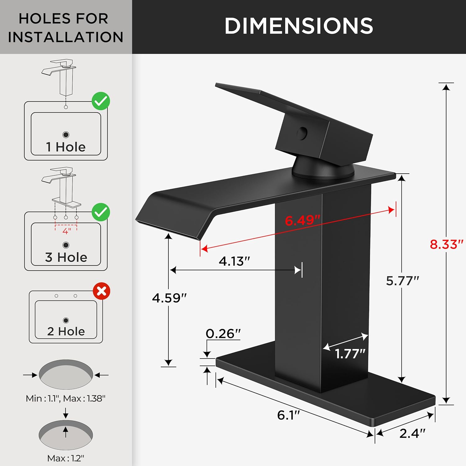 FORIOUS Modern Matte Black Waterfall Bathroom Faucet & Pop-Up Drain – Image 6