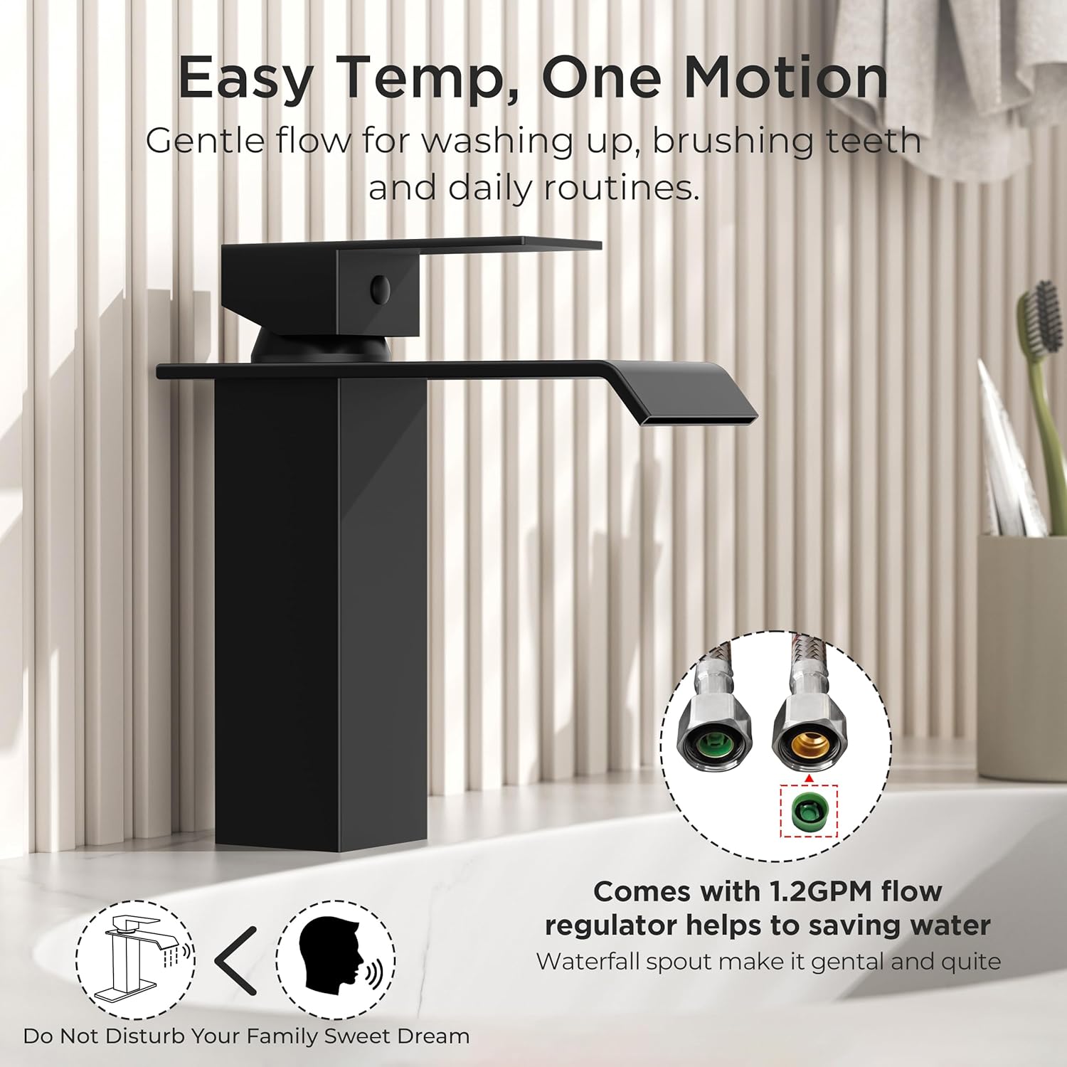 FORIOUS Modern Matte Black Waterfall Bathroom Faucet & Pop-Up Drain – Image 2