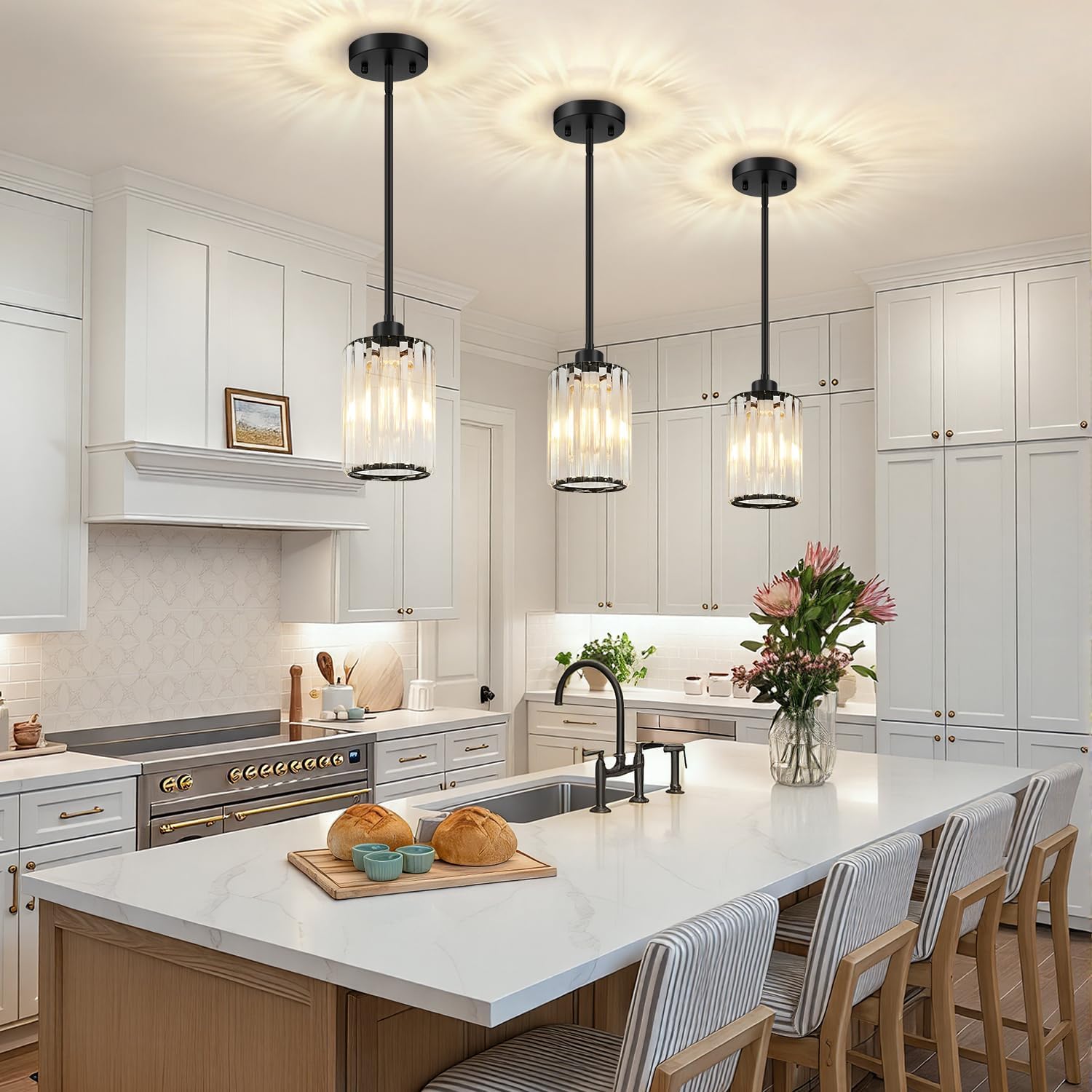 3-Pack Matte Black Crystal Pendant Lights for Kitchen Islands and Interior Upgrades – Image 3