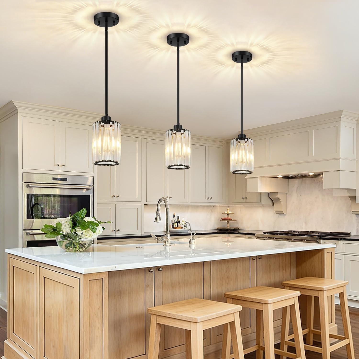 3-Pack Matte Black Crystal Pendant Lights for Kitchen Islands and Interior Upgrades – Image 5