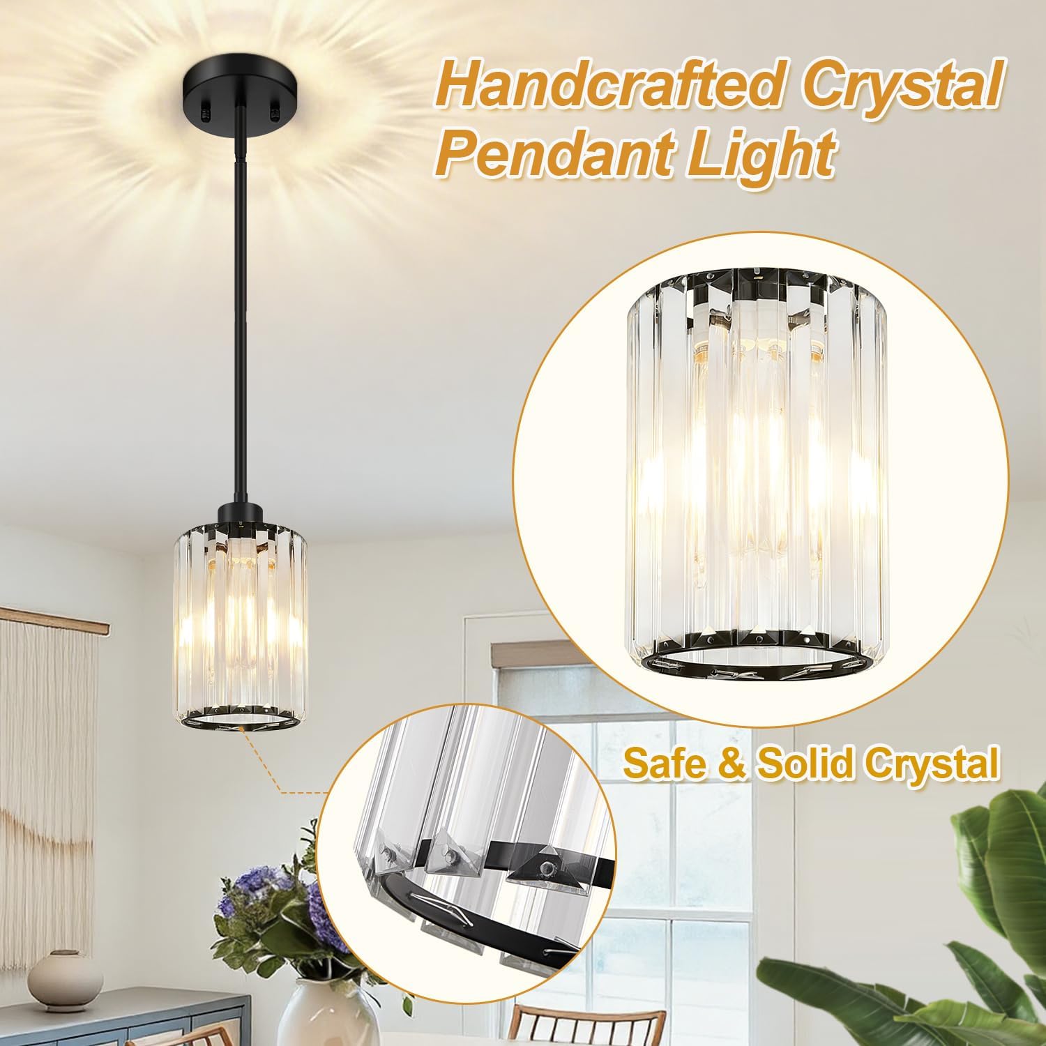 3-Pack Matte Black Crystal Pendant Lights for Kitchen Islands and Interior Upgrades – Image 4