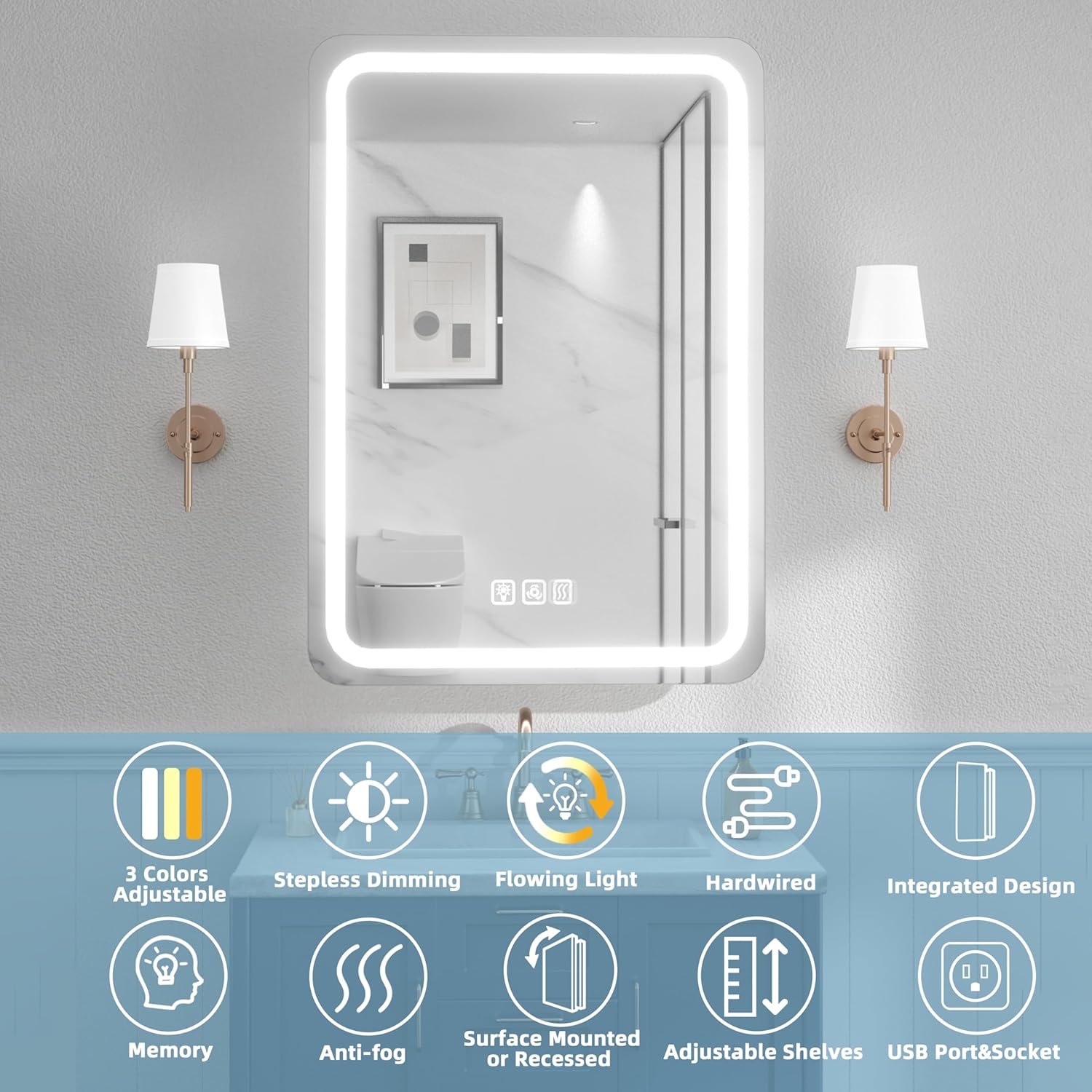 20x28 Lighted Medicine Cabinet with Mirror, Anti-Fog, USB & Outlet – Image 2