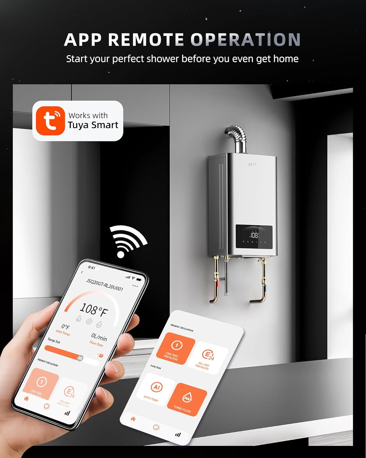 APUS Tankless Water Heater – Natural Gas or Propane, 140,000 BTU, Up to 6.8 GPM, Smart Wi-Fi Indoor Installation – Image 4