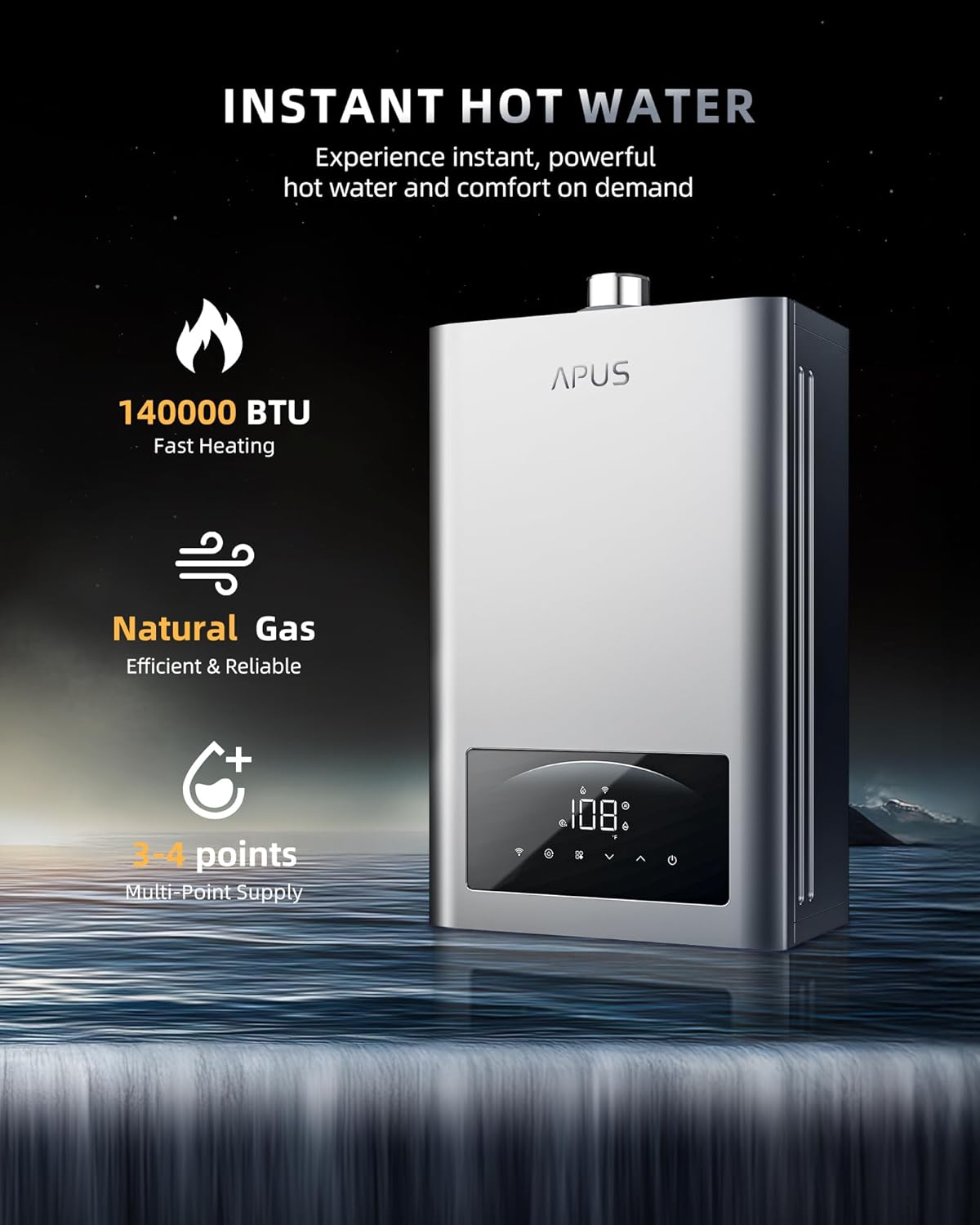 APUS Tankless Water Heater – Natural Gas or Propane, 140,000 BTU, Up to 6.8 GPM, Smart Wi-Fi Indoor Installation – Image 6