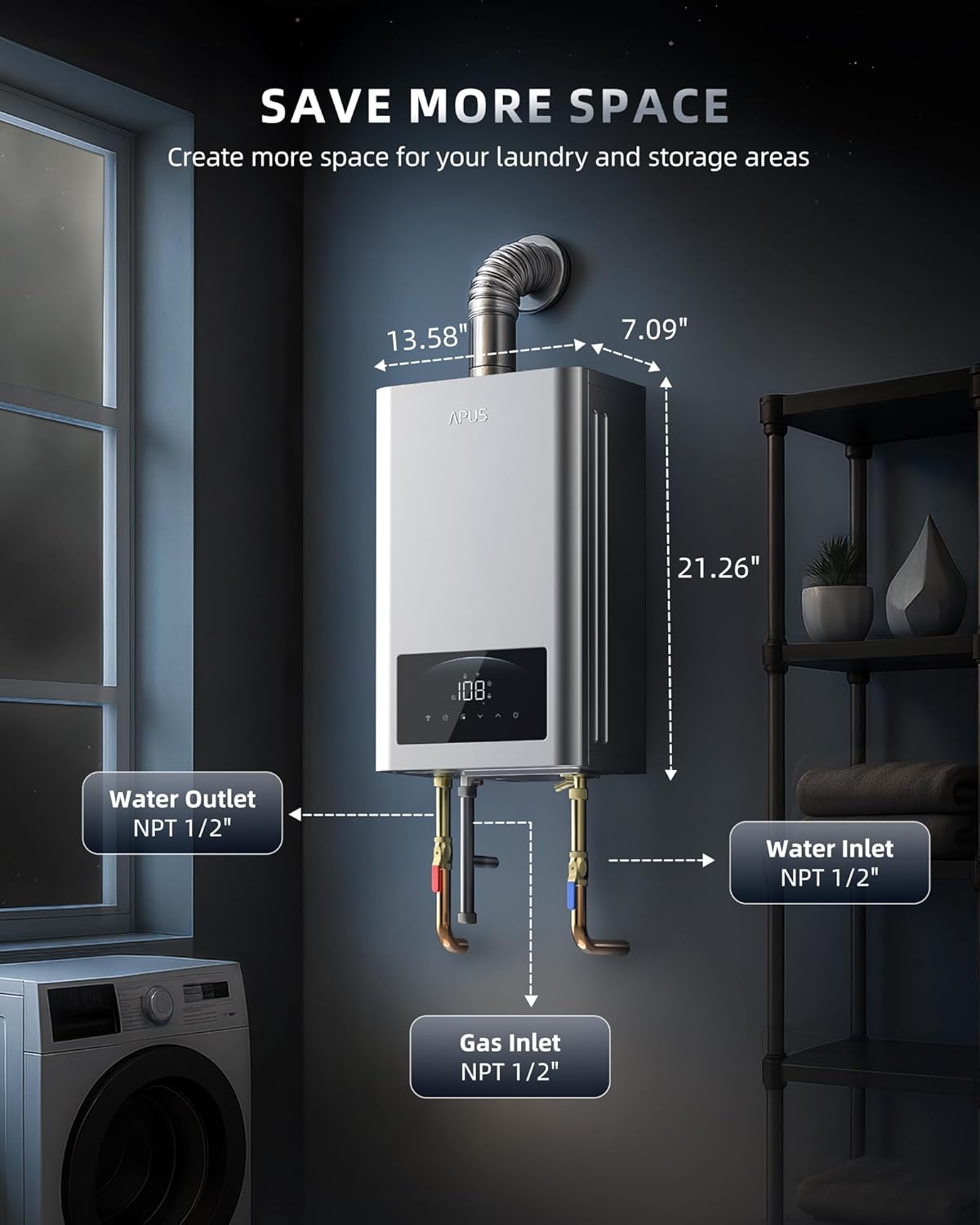 APUS Tankless Water Heater – Natural Gas or Propane, 140,000 BTU, Up to 6.8 GPM, Smart Wi-Fi Indoor Installation – Image 5
