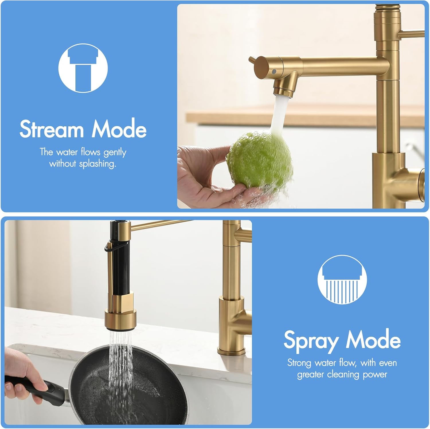 Brushed Gold Pull-Down Kitchen Faucet – Single Handle, High-Pressure Double Nozzle, 360° Spring Spout with Sprayer Lock – Image 5