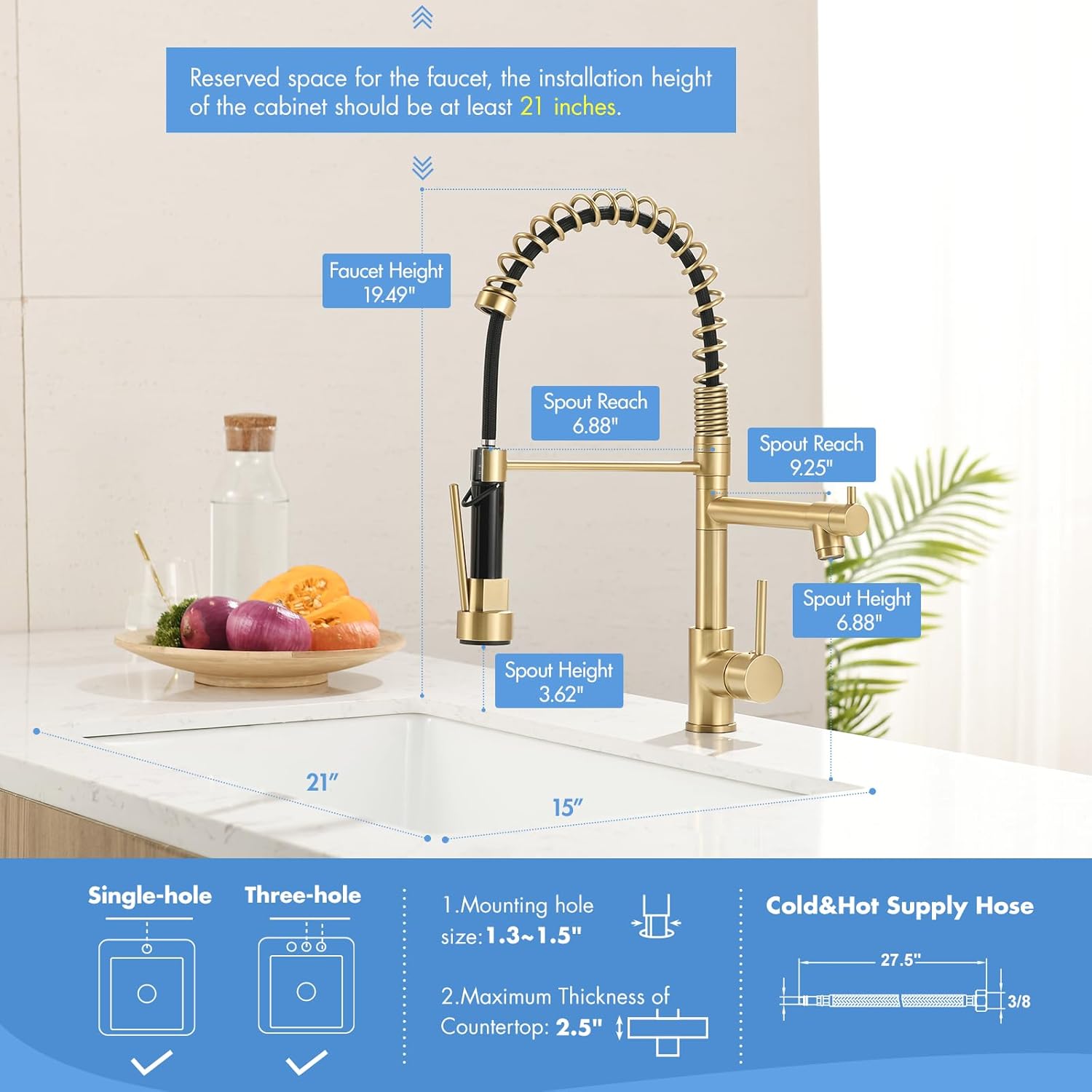 Brushed Gold Pull-Down Kitchen Faucet – Single Handle, High-Pressure Double Nozzle, 360° Spring Spout with Sprayer Lock – Image 3