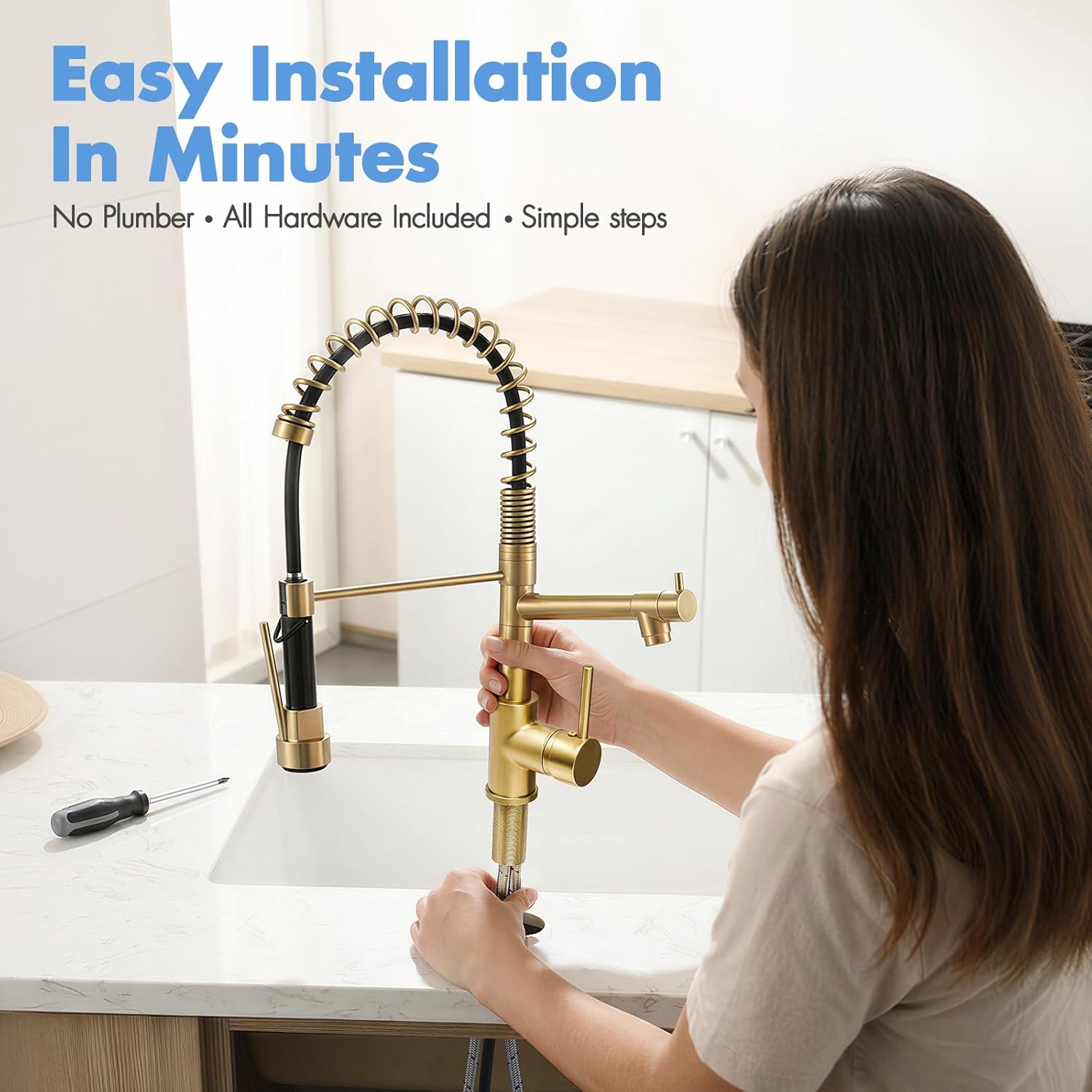 Brushed Gold Pull-Down Kitchen Faucet – Single Handle, High-Pressure Double Nozzle, 360° Spring Spout with Sprayer Lock – Image 4