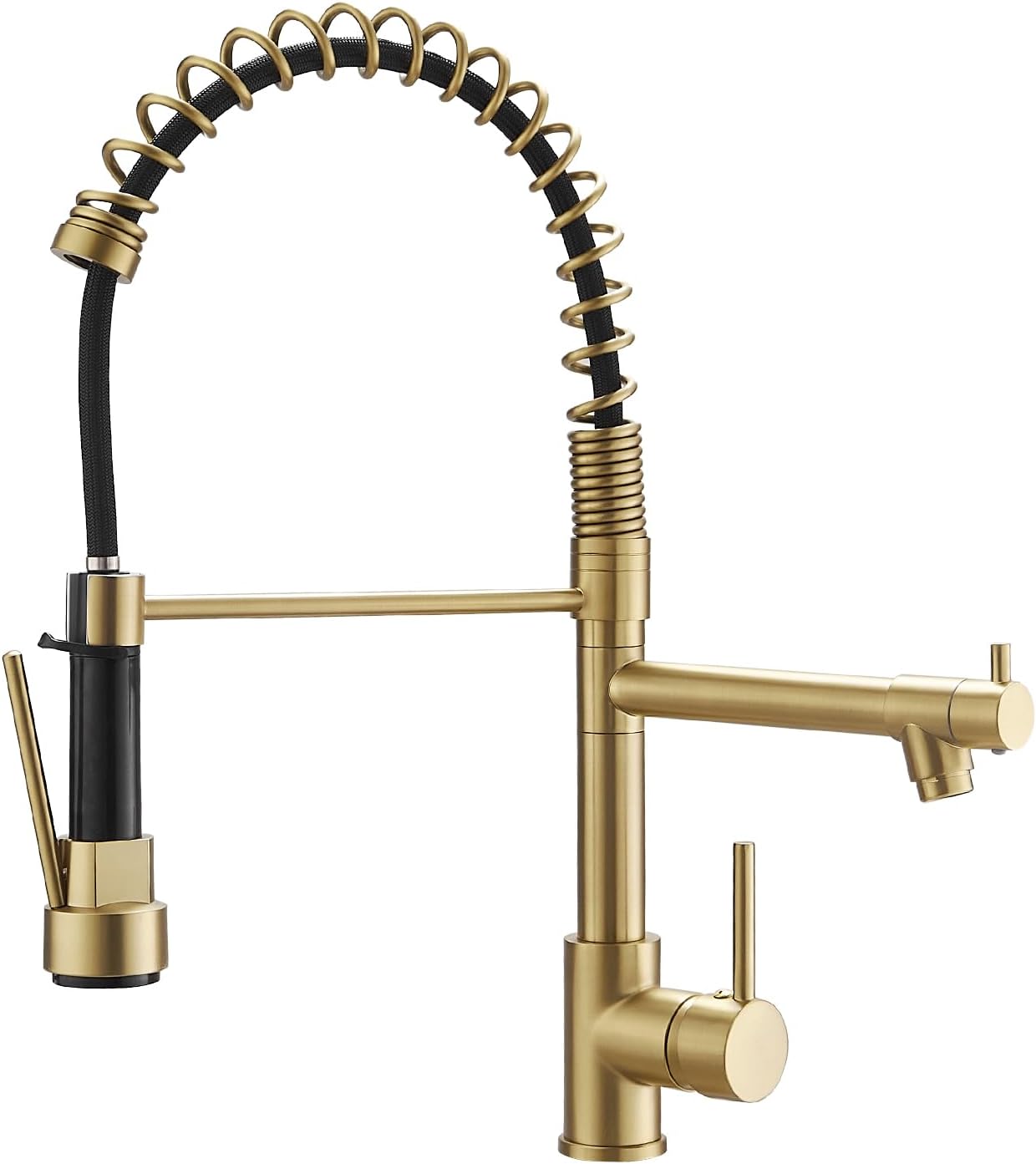 Brushed Gold Pull-Down Kitchen Faucet – Single Handle, High-Pressure Double Nozzle, 360° Spring Spout with Sprayer Lock – Image 1