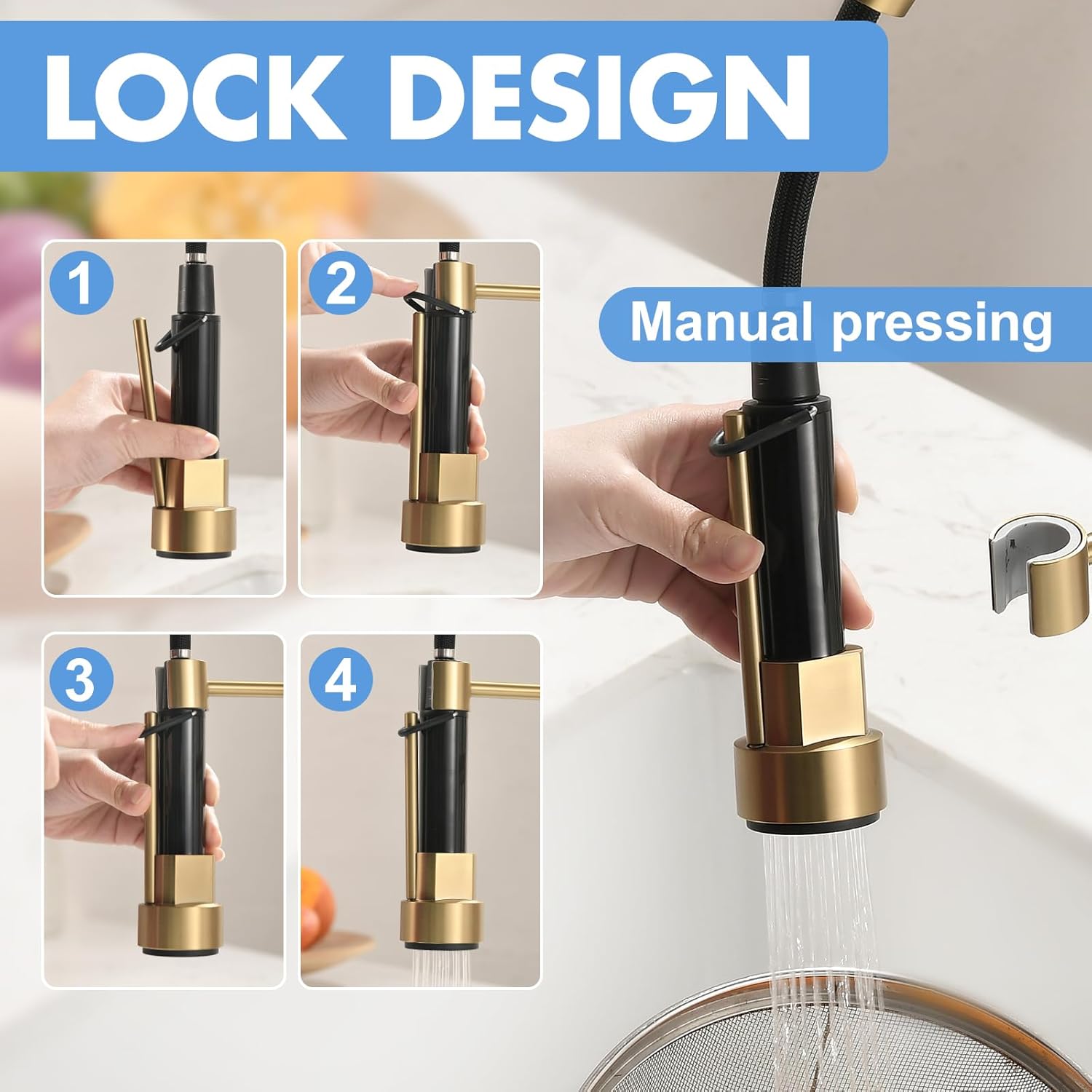 Brushed Gold Pull-Down Kitchen Faucet – Single Handle, High-Pressure Double Nozzle, 360° Spring Spout with Sprayer Lock – Image 2