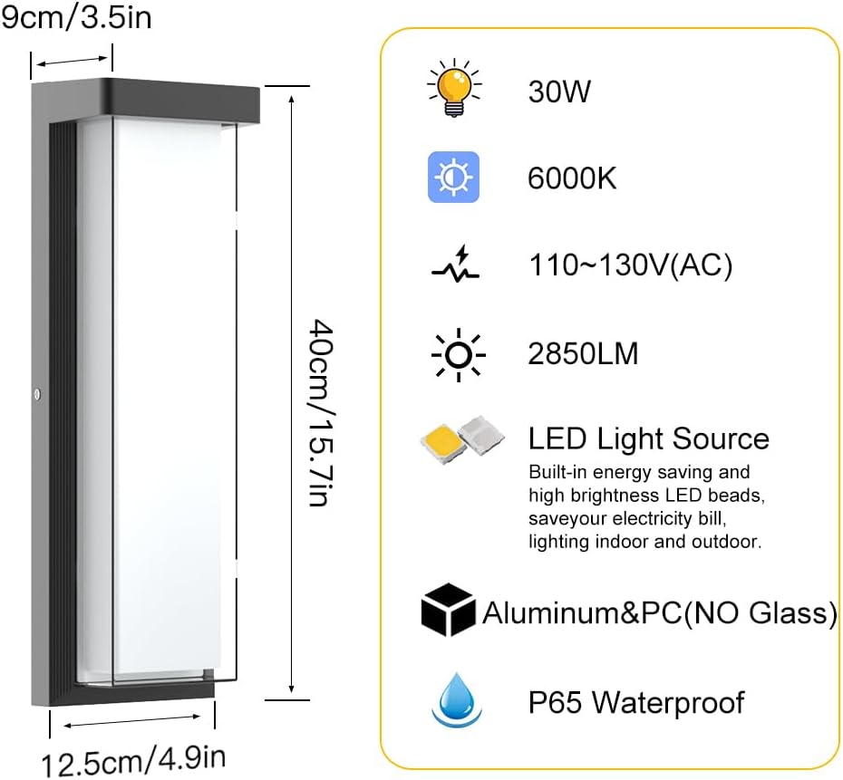 Modern Outdoor Wall Sconce – 16in Dimmable Black Exterior LED Porch Light, 6000K, IP65 Waterproof – Image 9