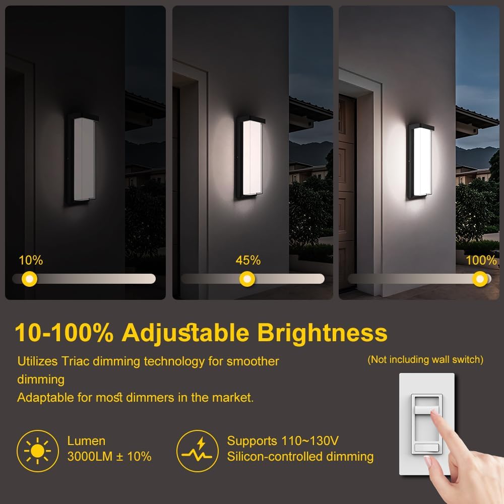 Modern Outdoor Wall Sconce – 16in Dimmable Black Exterior LED Porch Light, 6000K, IP65 Waterproof – Image 3