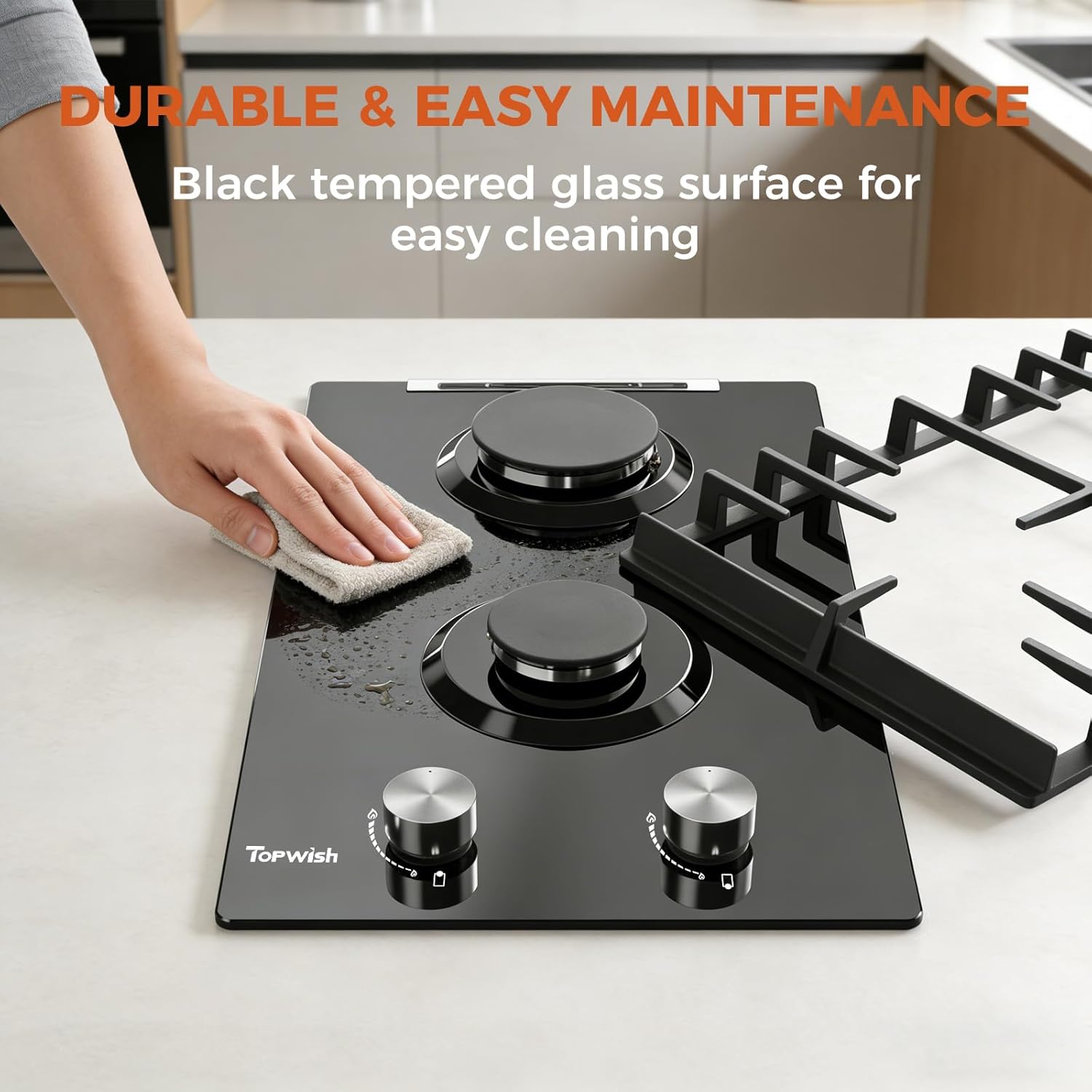 12-Inch 2-Burner Gas Cooktop — 18,000 BTU LPG/NG Convertible Black Tempered Glass Hob with Thermocouple Protection – Image 4