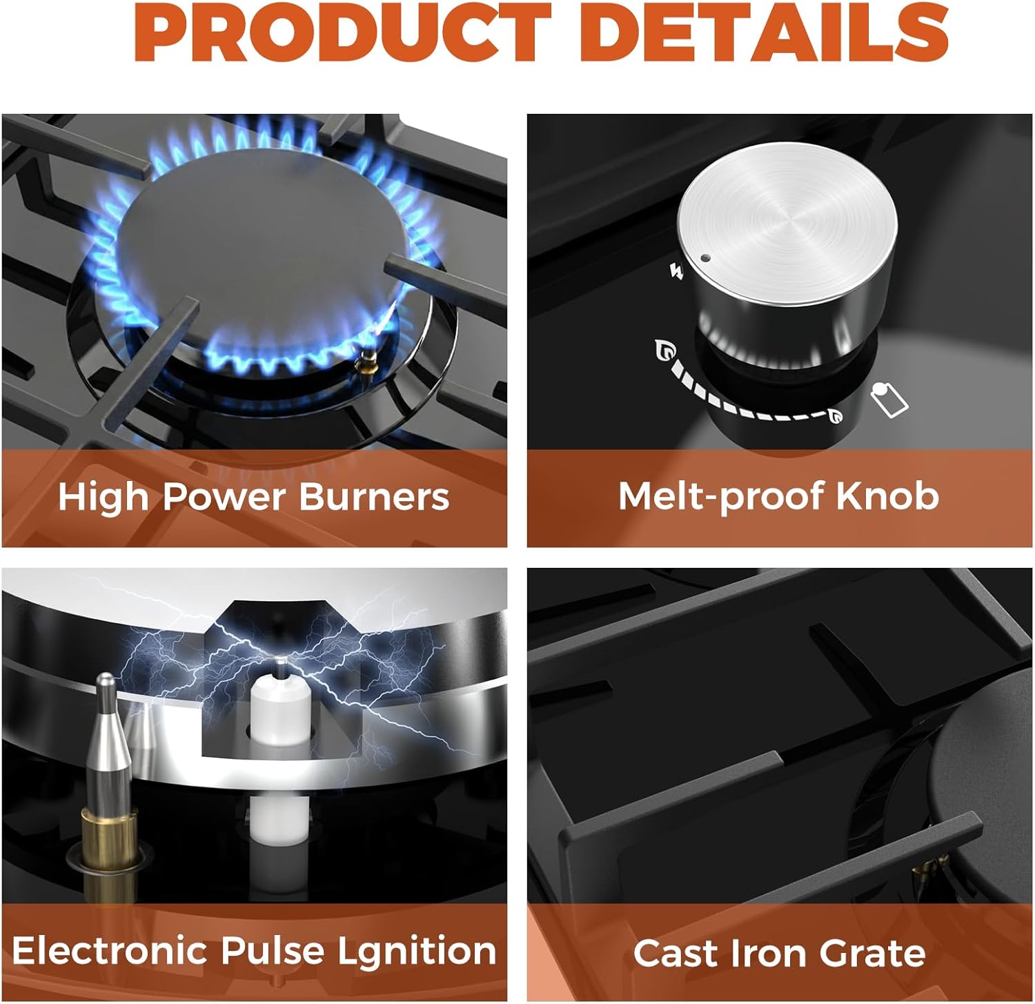 12-Inch 2-Burner Gas Cooktop — 18,000 BTU LPG/NG Convertible Black Tempered Glass Hob with Thermocouple Protection – Image 5