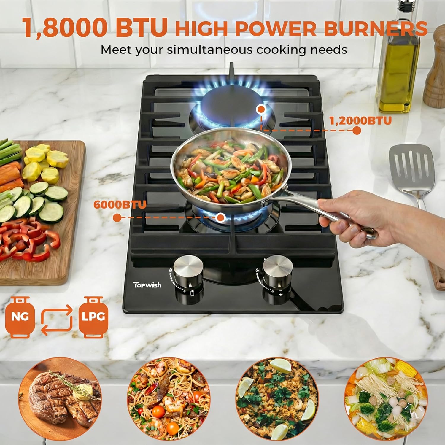 12-Inch 2-Burner Gas Cooktop — 18,000 BTU LPG/NG Convertible Black Tempered Glass Hob with Thermocouple Protection – Image 2