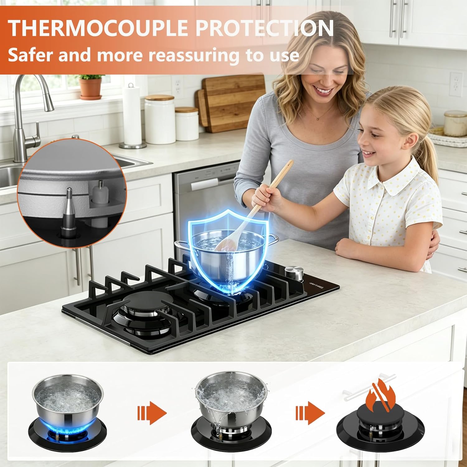 12-Inch 2-Burner Gas Cooktop — 18,000 BTU LPG/NG Convertible Black Tempered Glass Hob with Thermocouple Protection – Image 3